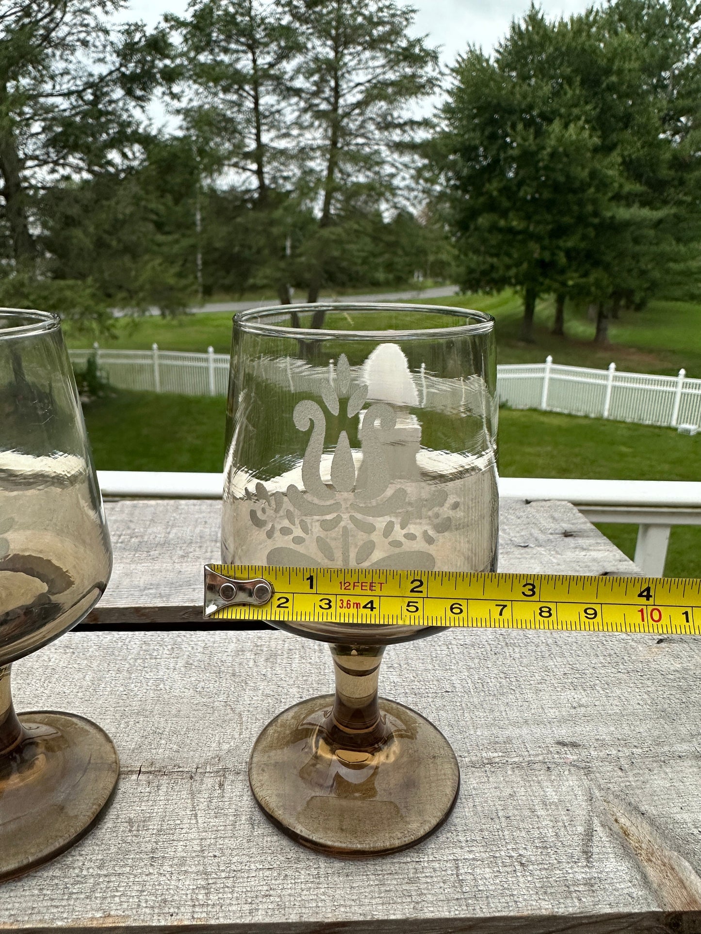 Set of 2 - Pfaltzgraff Midcentury Glass  Smoked Glass 'Village' Pattern Goblets, 10 Ounce Capacity.