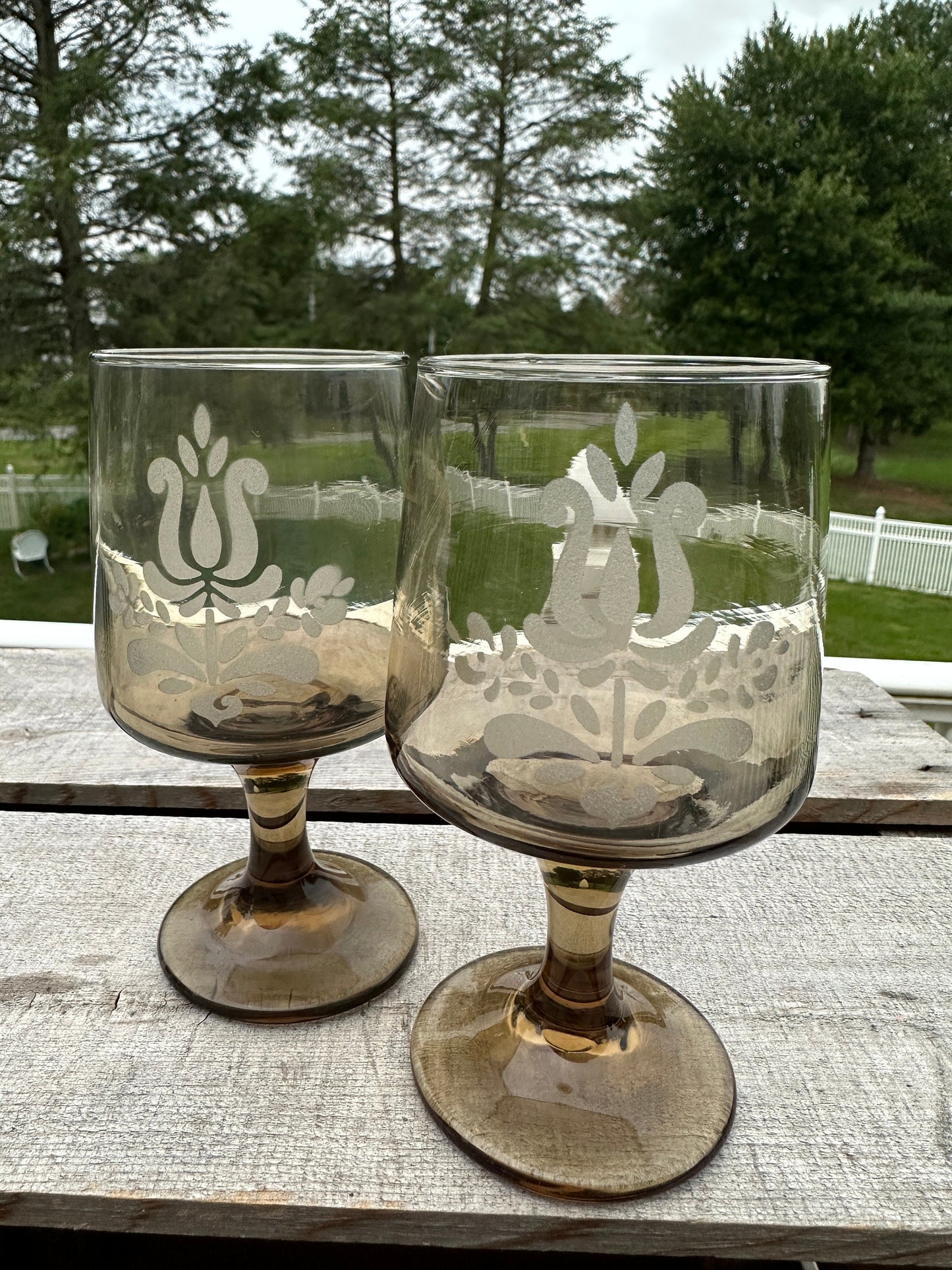 Set of 2 - Pfaltzgraff Midcentury Glass  Smoked Glass 'Village' Pattern Goblets, 10 Ounce Capacity.