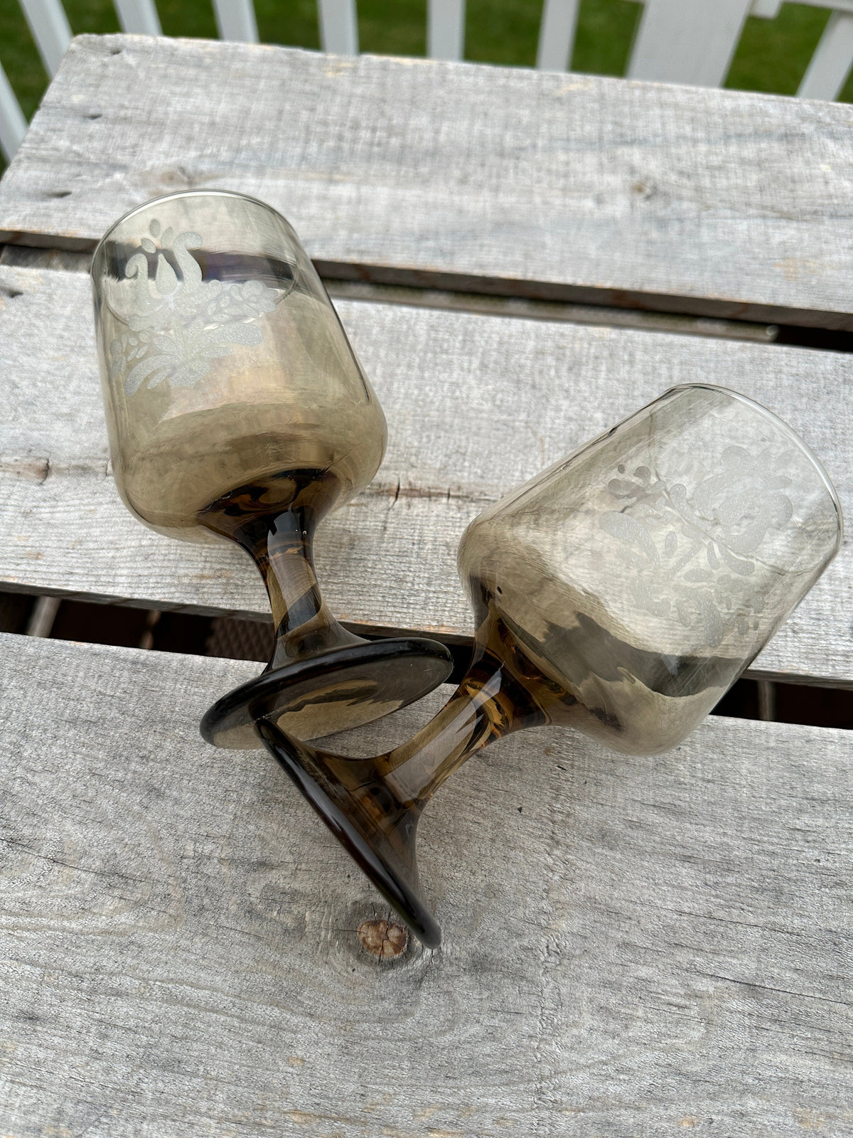 Set of 2 - Pfaltzgraff Midcentury Glass  Smoked Glass 'Village' Pattern Goblets, 10 Ounce Capacity.
