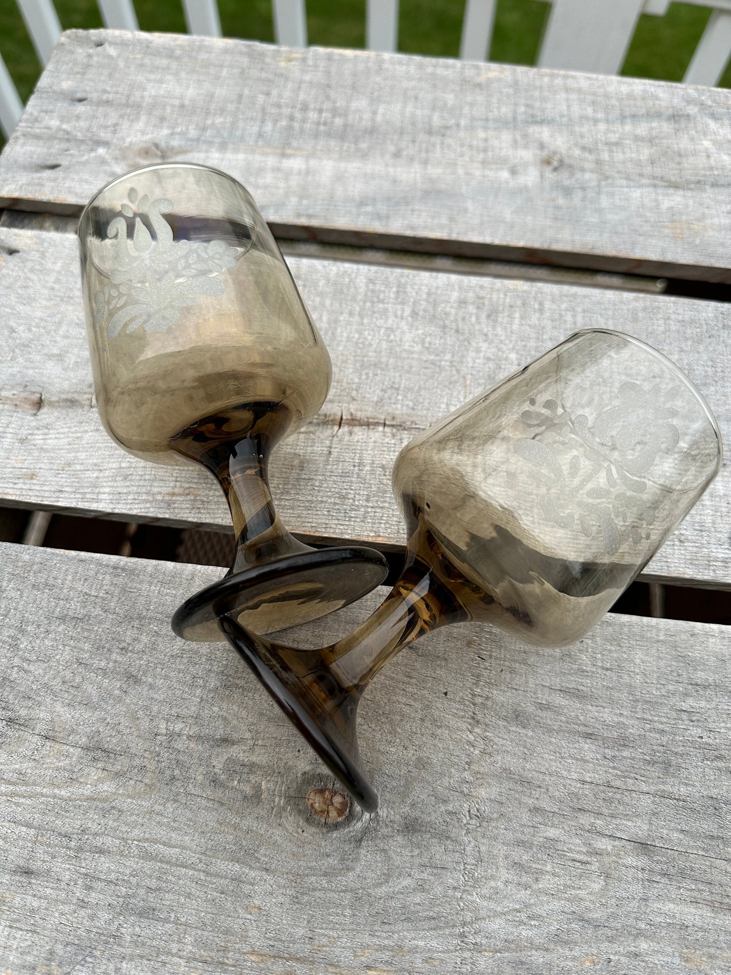 Set of 2 - Pfaltzgraff Midcentury Glass  Smoked Glass 'Village' Pattern Goblets, 10 Ounce Capacity.