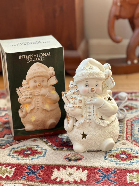 Vintage Ceramic Light-Up Snowman Figurine | Gold Accents Christmas Decor | Holiday Accent Lamp | Original Box Included