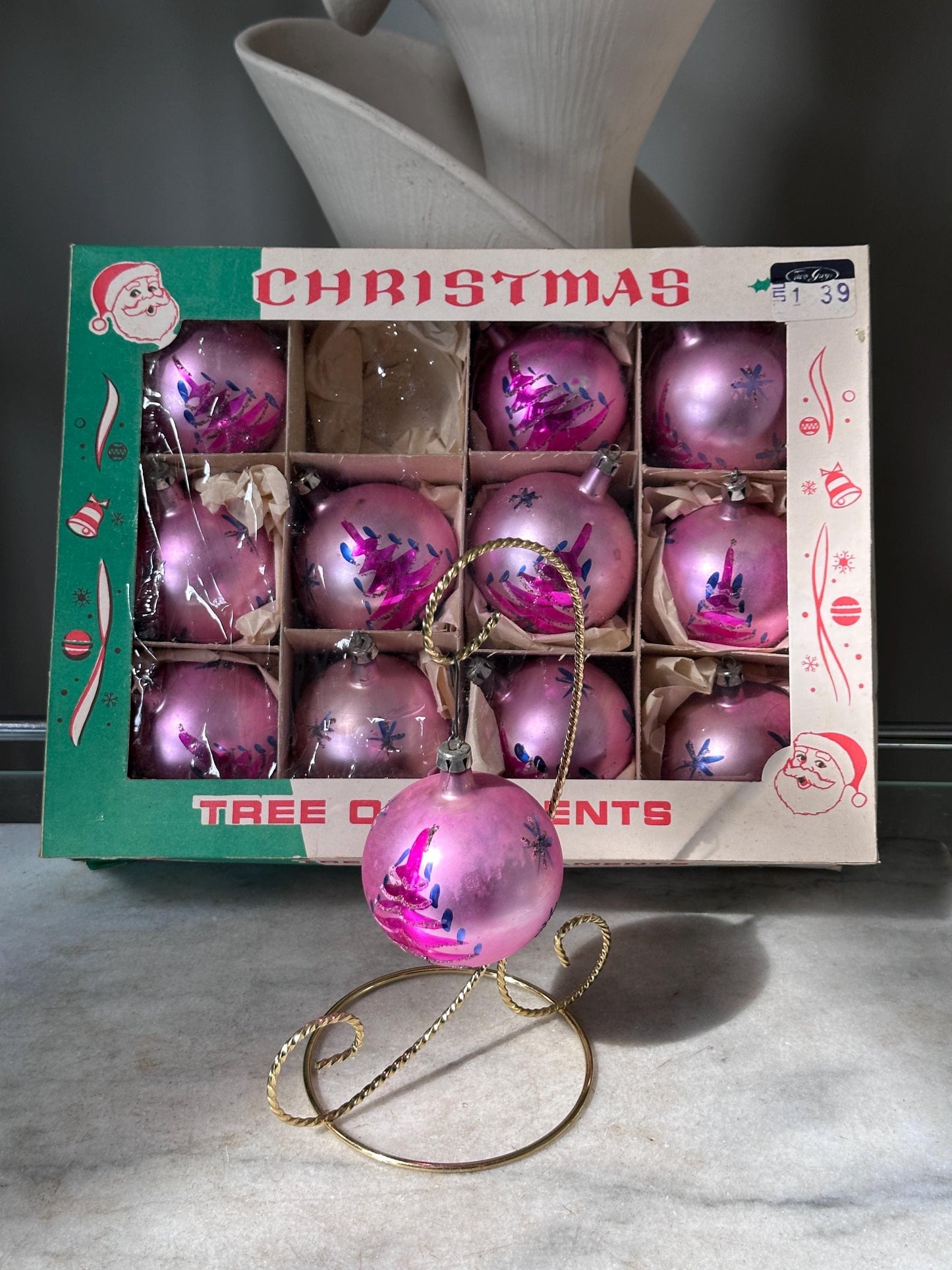 Vintage FANTASIA Pink Glass Christmas Ornaments – Set of 12 in Original Box | Poland | 1950s–1960s Atomic Starburst & Christmas Tree Design