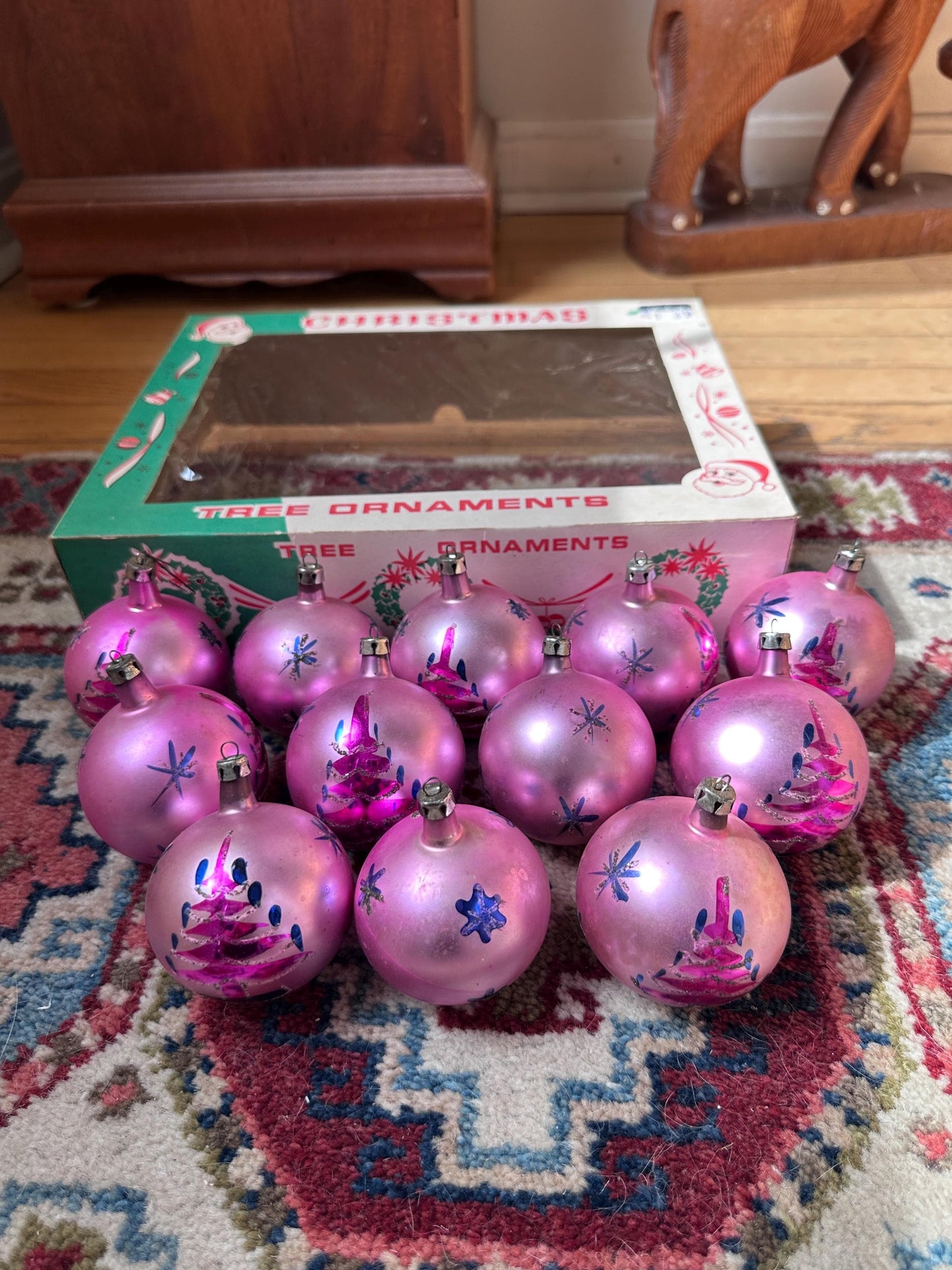 Vintage FANTASIA Pink Glass Christmas Ornaments – Set of 12 in Original Box | Poland | 1950s–1960s Atomic Starburst & Christmas Tree Design