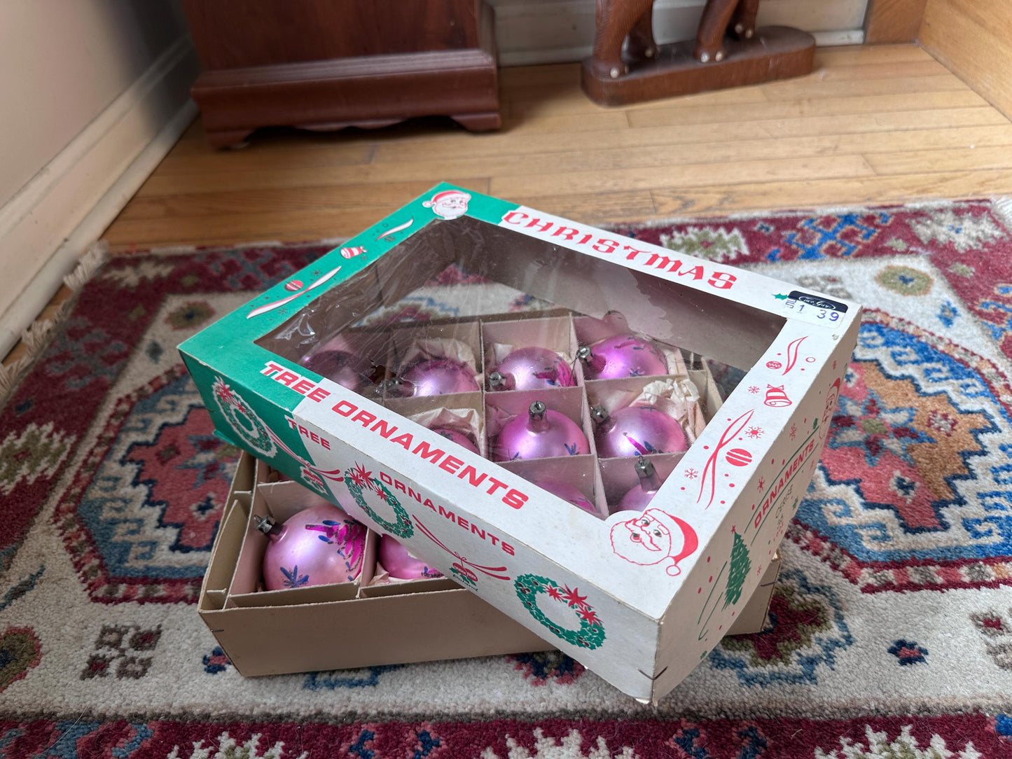 Vintage FANTASIA Pink Glass Christmas Ornaments – Set of 12 in Original Box | Poland | 1950s–1960s Atomic Starburst & Christmas Tree Design