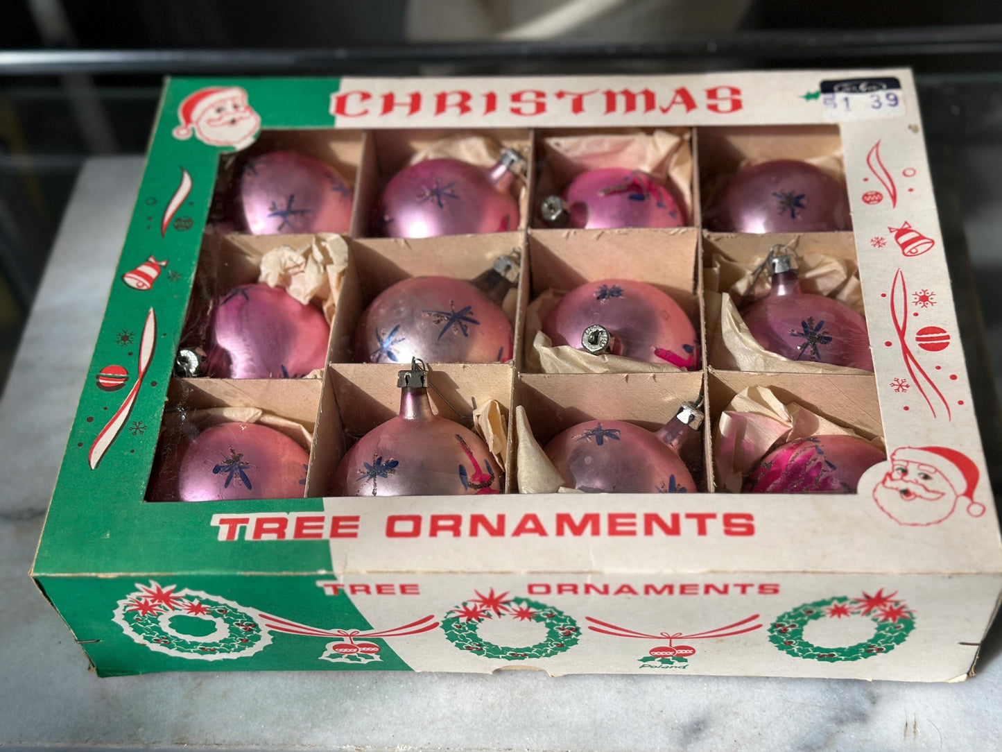 Vintage FANTASIA Pink Glass Christmas Ornaments – Set of 12 in Original Box | Poland | 1950s–1960s Atomic Starburst & Christmas Tree Design