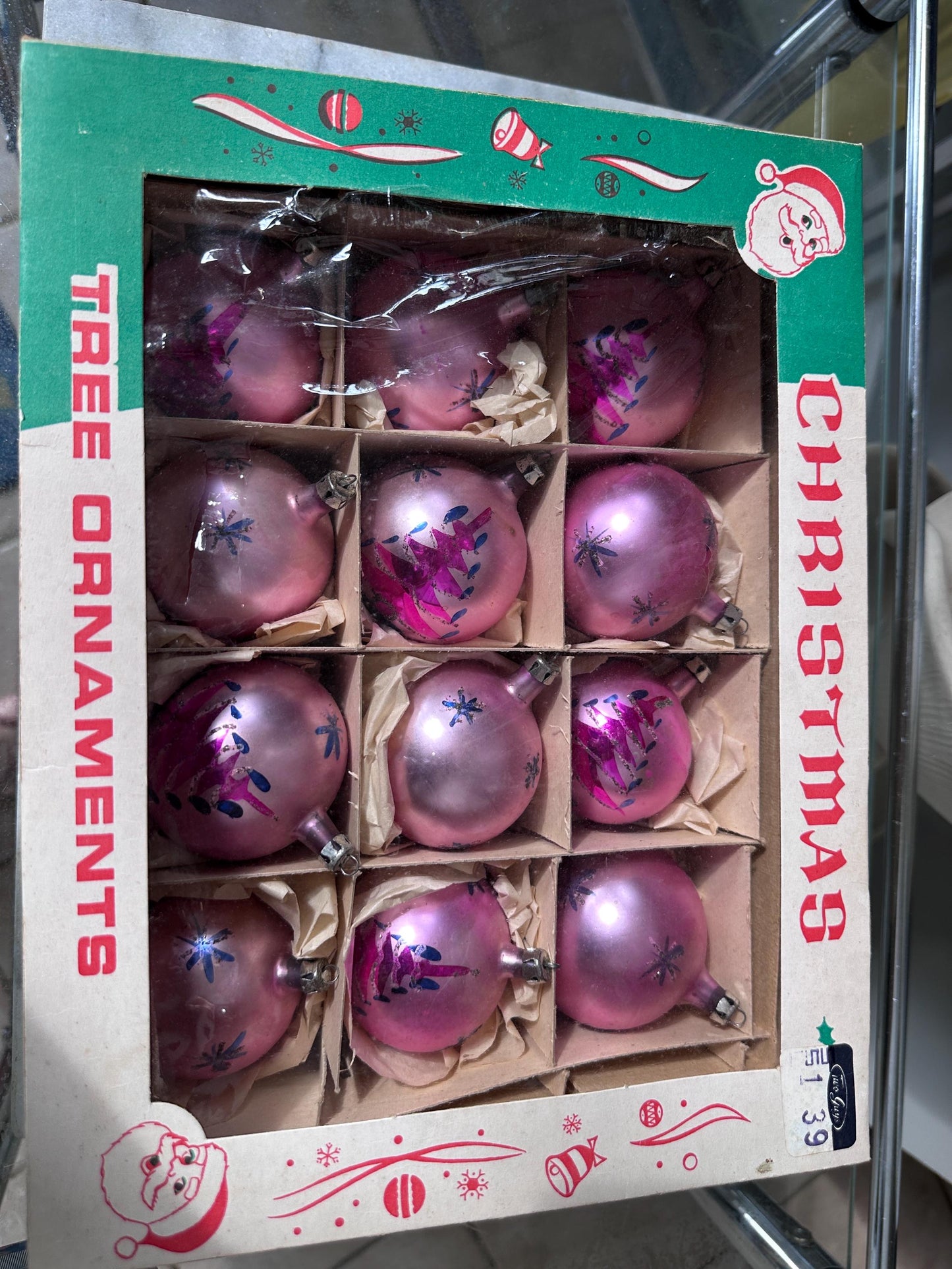 Vintage FANTASIA Pink Glass Christmas Ornaments – Set of 12 in Original Box | Poland | 1950s–1960s Atomic Starburst & Christmas Tree Design