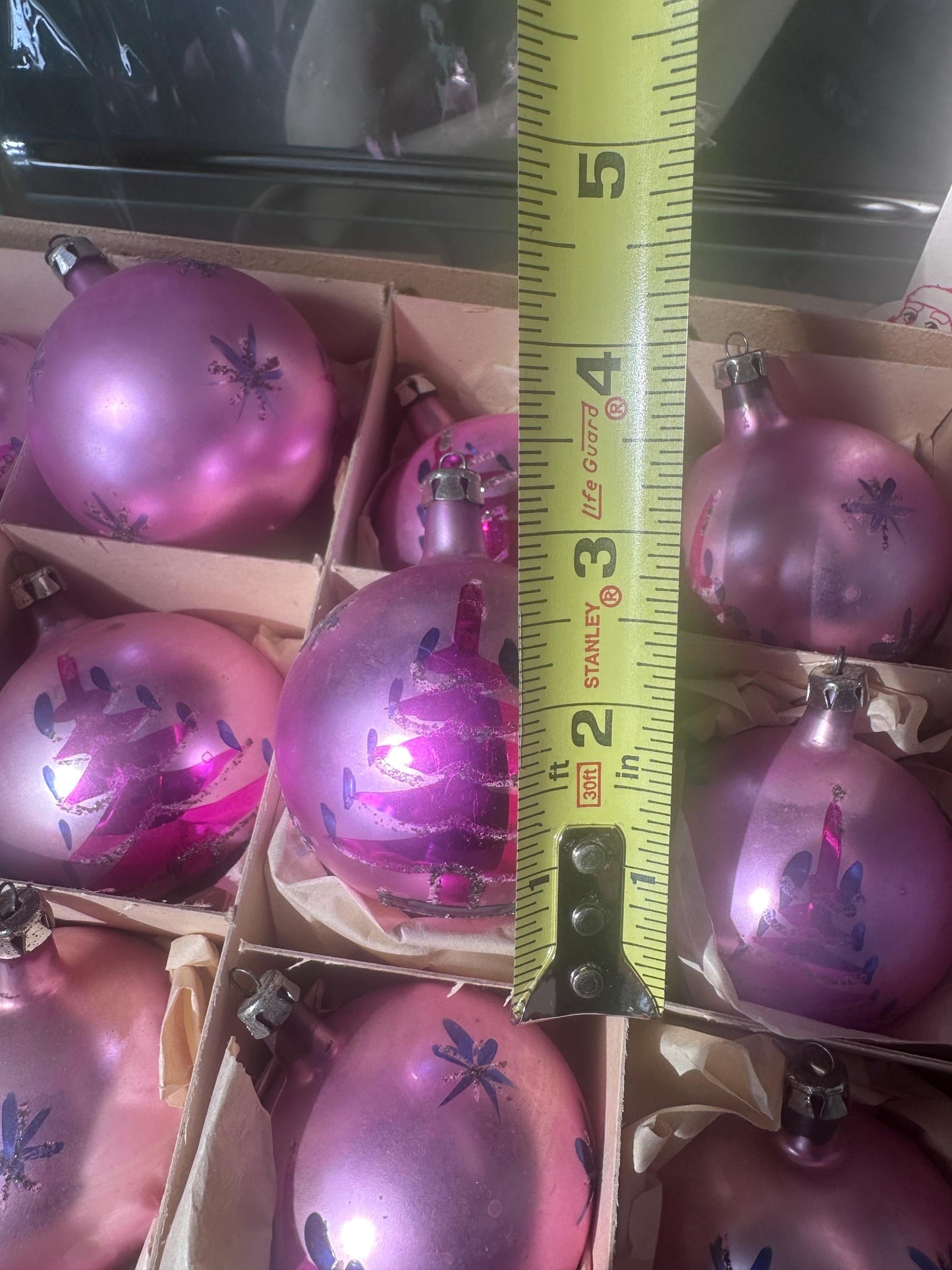 Vintage FANTASIA Pink Glass Christmas Ornaments – Set of 12 in Original Box | Poland | 1950s–1960s Atomic Starburst & Christmas Tree Design