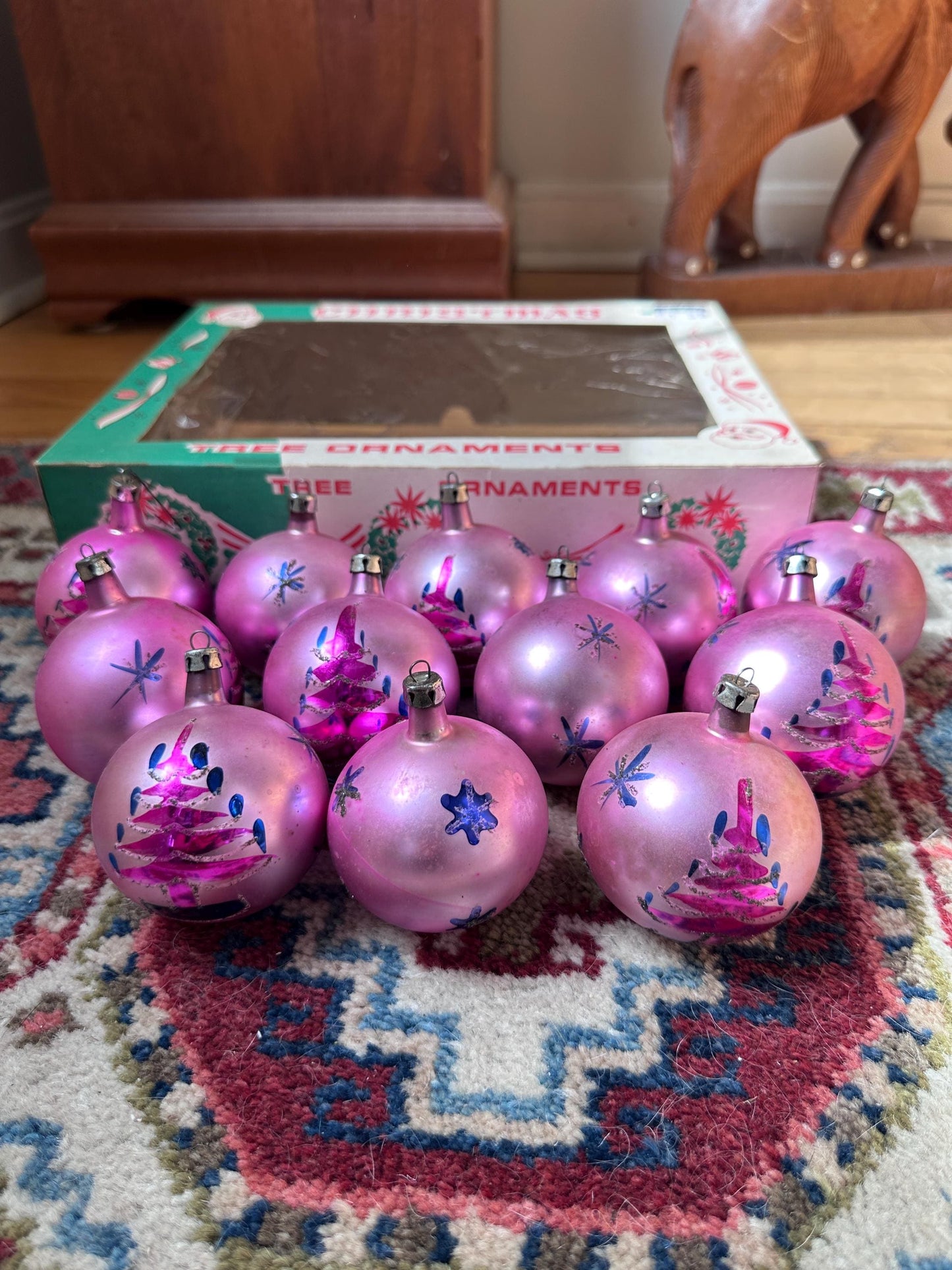 Vintage FANTASIA Pink Glass Christmas Ornaments – Set of 12 in Original Box | Poland | 1950s–1960s Atomic Starburst & Christmas Tree Design