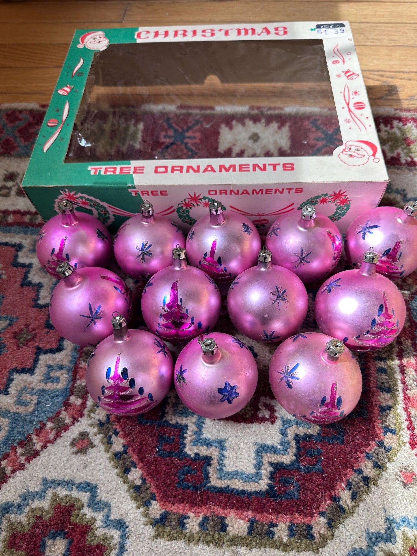 Vintage FANTASIA Pink Glass Christmas Ornaments – Set of 12 in Original Box | Poland | 1950s–1960s Atomic Starburst & Christmas Tree Design