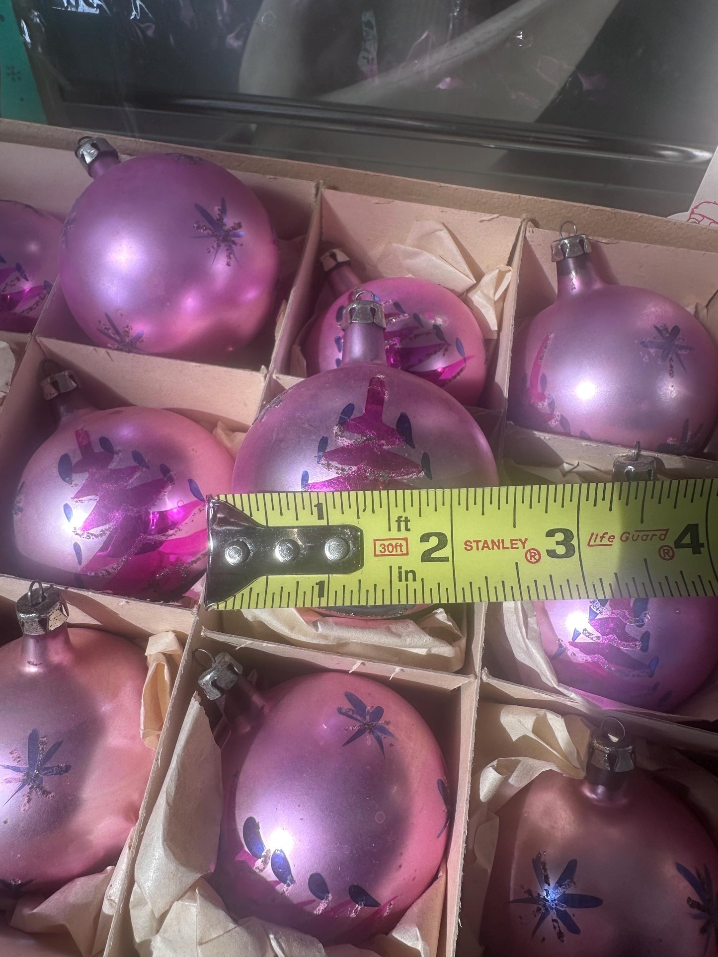 Vintage FANTASIA Pink Glass Christmas Ornaments – Set of 12 in Original Box | Poland | 1950s–1960s Atomic Starburst & Christmas Tree Design