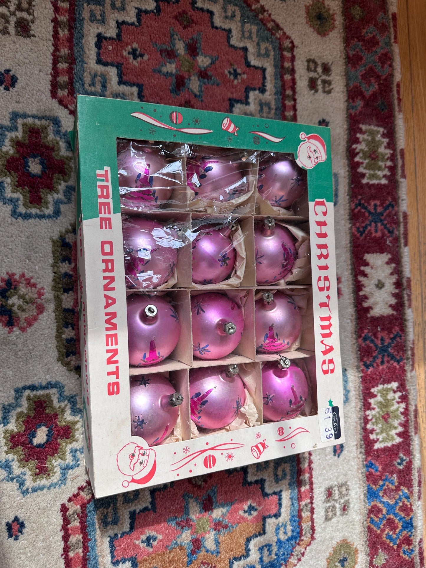 Vintage FANTASIA Pink Glass Christmas Ornaments – Set of 12 in Original Box | Poland | 1950s–1960s Atomic Starburst & Christmas Tree Design