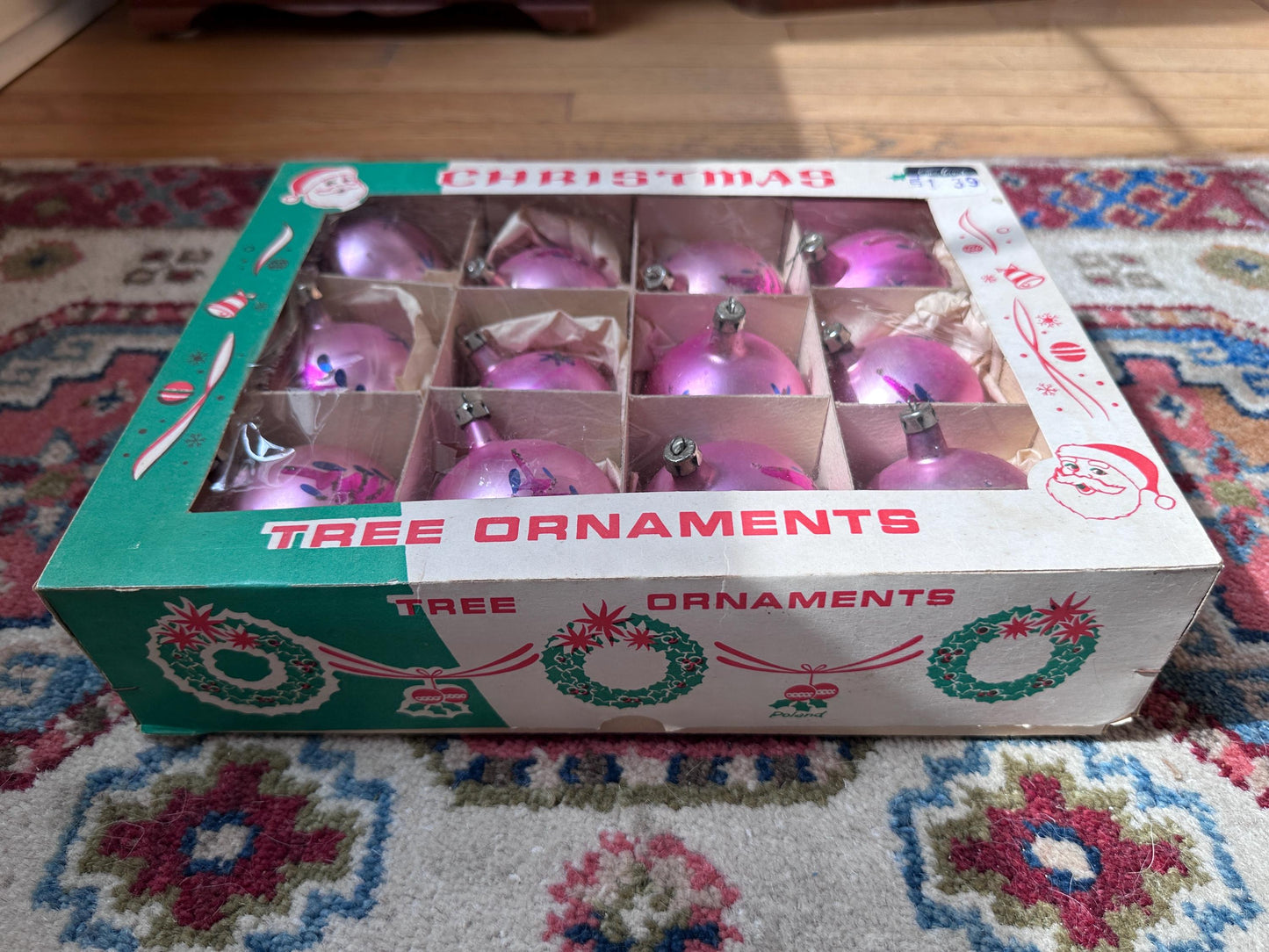 Vintage FANTASIA Pink Glass Christmas Ornaments – Set of 12 in Original Box | Poland | 1950s–1960s Atomic Starburst & Christmas Tree Design