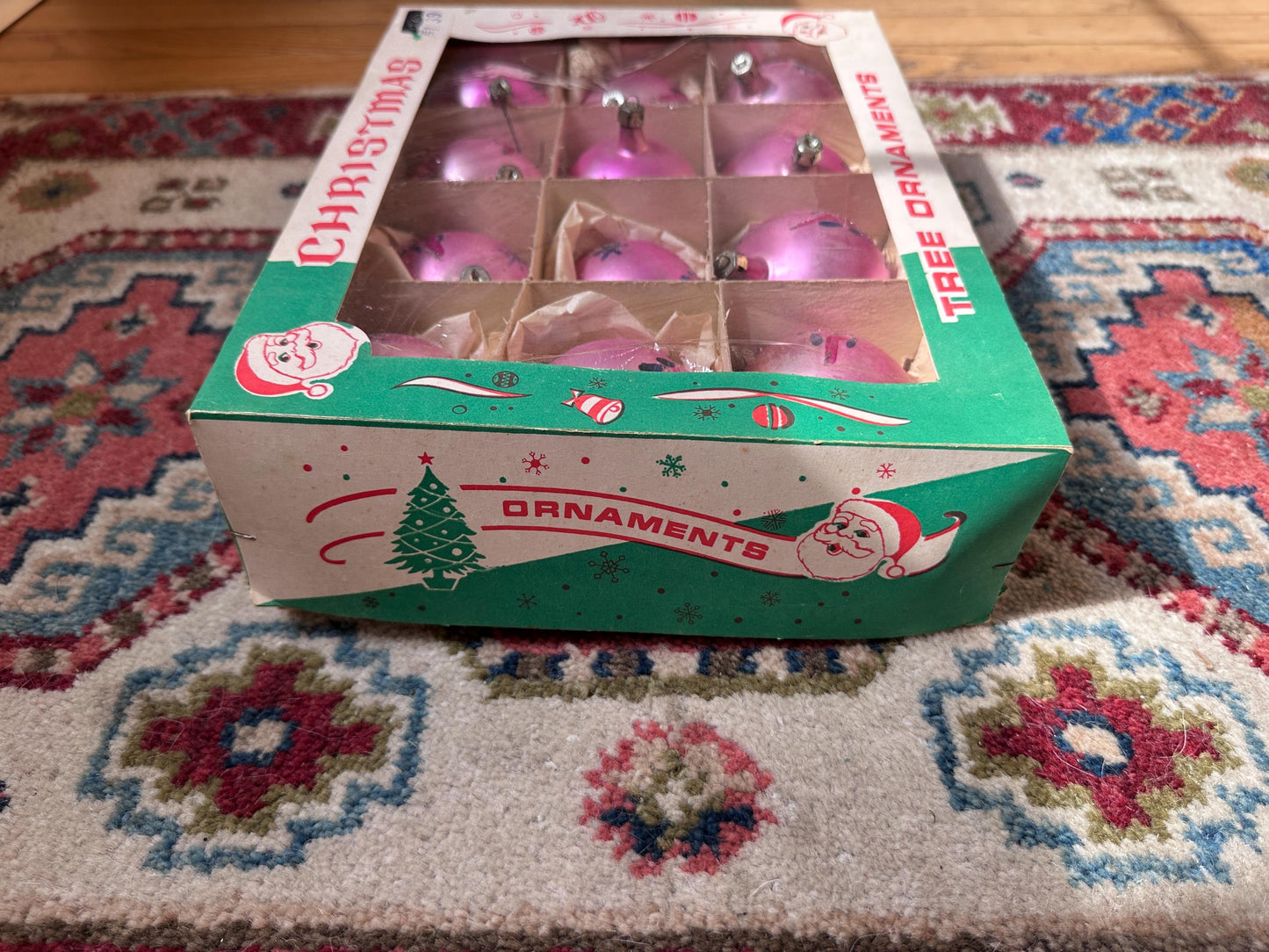 Vintage FANTASIA Pink Glass Christmas Ornaments – Set of 12 in Original Box | Poland | 1950s–1960s Atomic Starburst & Christmas Tree Design