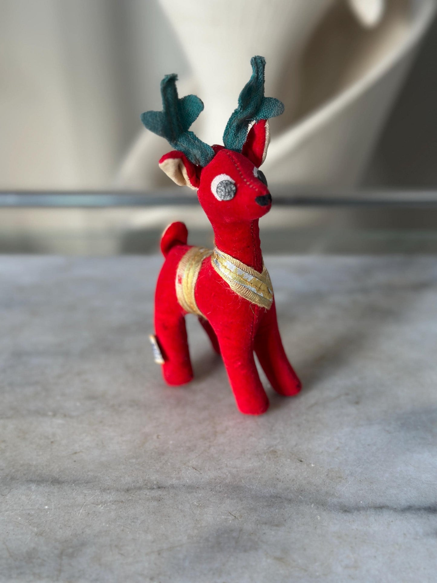 Vintage Dakin Dream Pets Red Velvet Reindeer | Made in Japan | 1960s Christmas Plush Figure | Green Antlers, Ribbon Trim | 6” tall