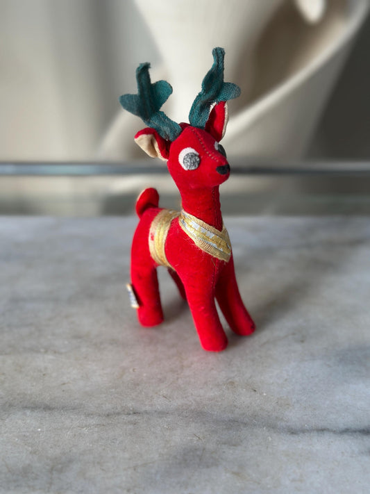 Vintage Dakin Dream Pets Red Velvet Reindeer | Made in Japan | 1960s Christmas Plush Figure | Green Antlers, Ribbon Trim | 6” tall