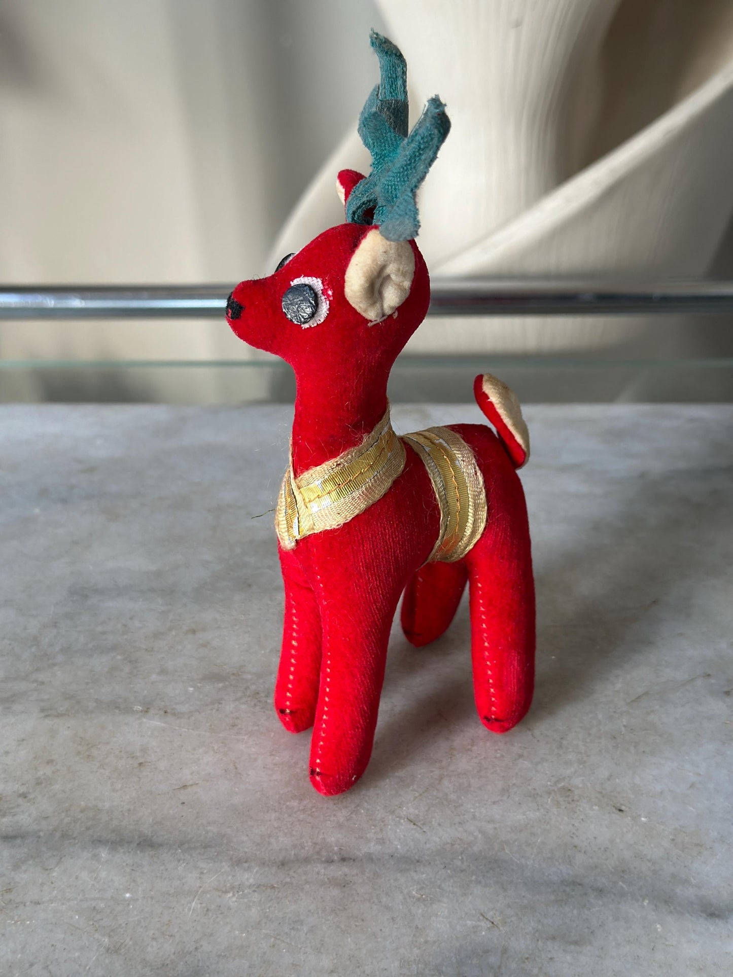 Vintage Dakin Dream Pets Red Velvet Reindeer | Made in Japan | 1960s Christmas Plush Figure | Green Antlers, Ribbon Trim | 6” tall