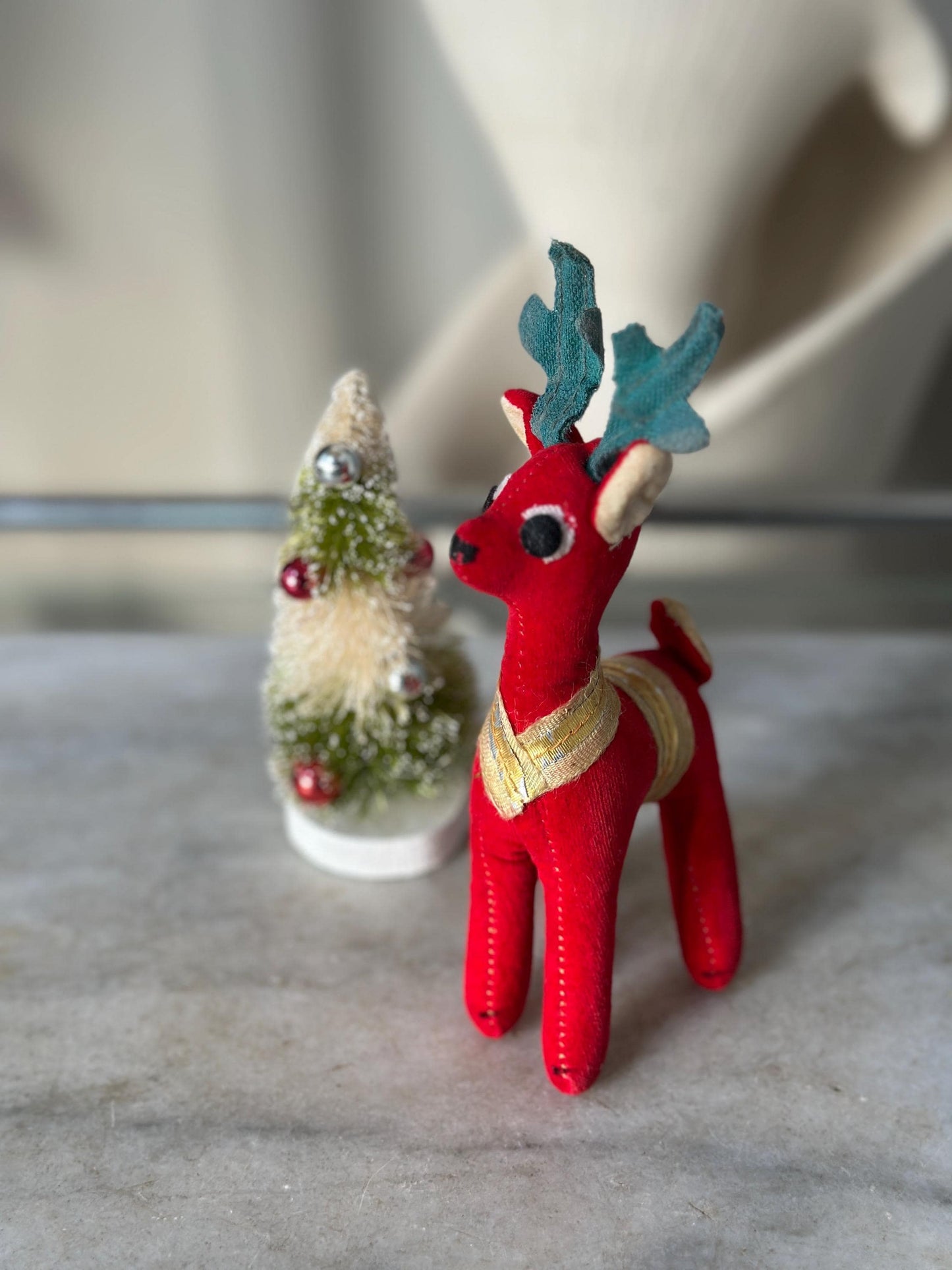 Vintage Dakin Dream Pets Red Velvet Reindeer | Made in Japan | 1960s Christmas Plush Figure | Green Antlers, Ribbon Trim | 6” tall