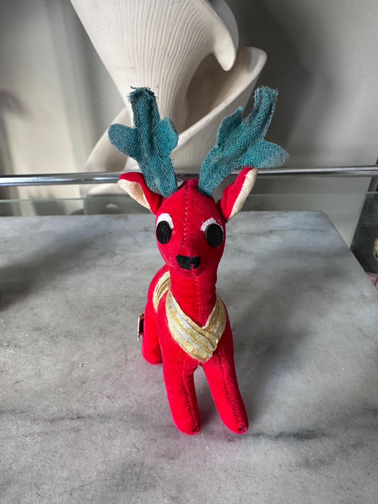 Vintage Dakin Dream Pets Red Velvet Reindeer | Made in Japan | 1960s Christmas Plush Figure | Green Antlers, Ribbon Trim | 6” tall