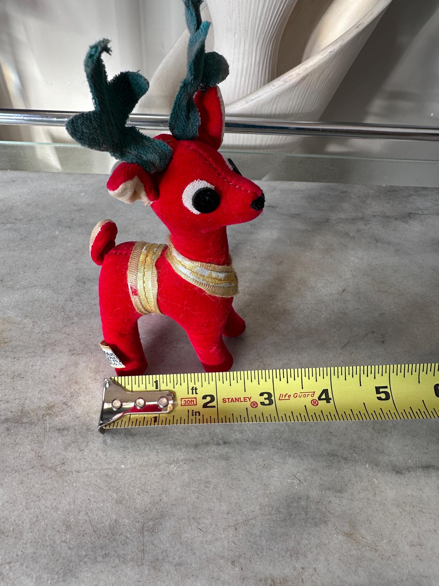 Vintage Dakin Dream Pets Red Velvet Reindeer | Made in Japan | 1960s Christmas Plush Figure | Green Antlers, Ribbon Trim | 6” tall