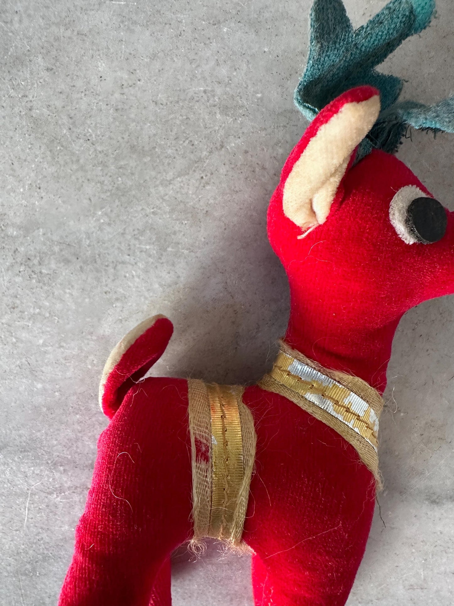 Vintage Dakin Dream Pets Red Velvet Reindeer | Made in Japan | 1960s Christmas Plush Figure | Green Antlers, Ribbon Trim | 6” tall
