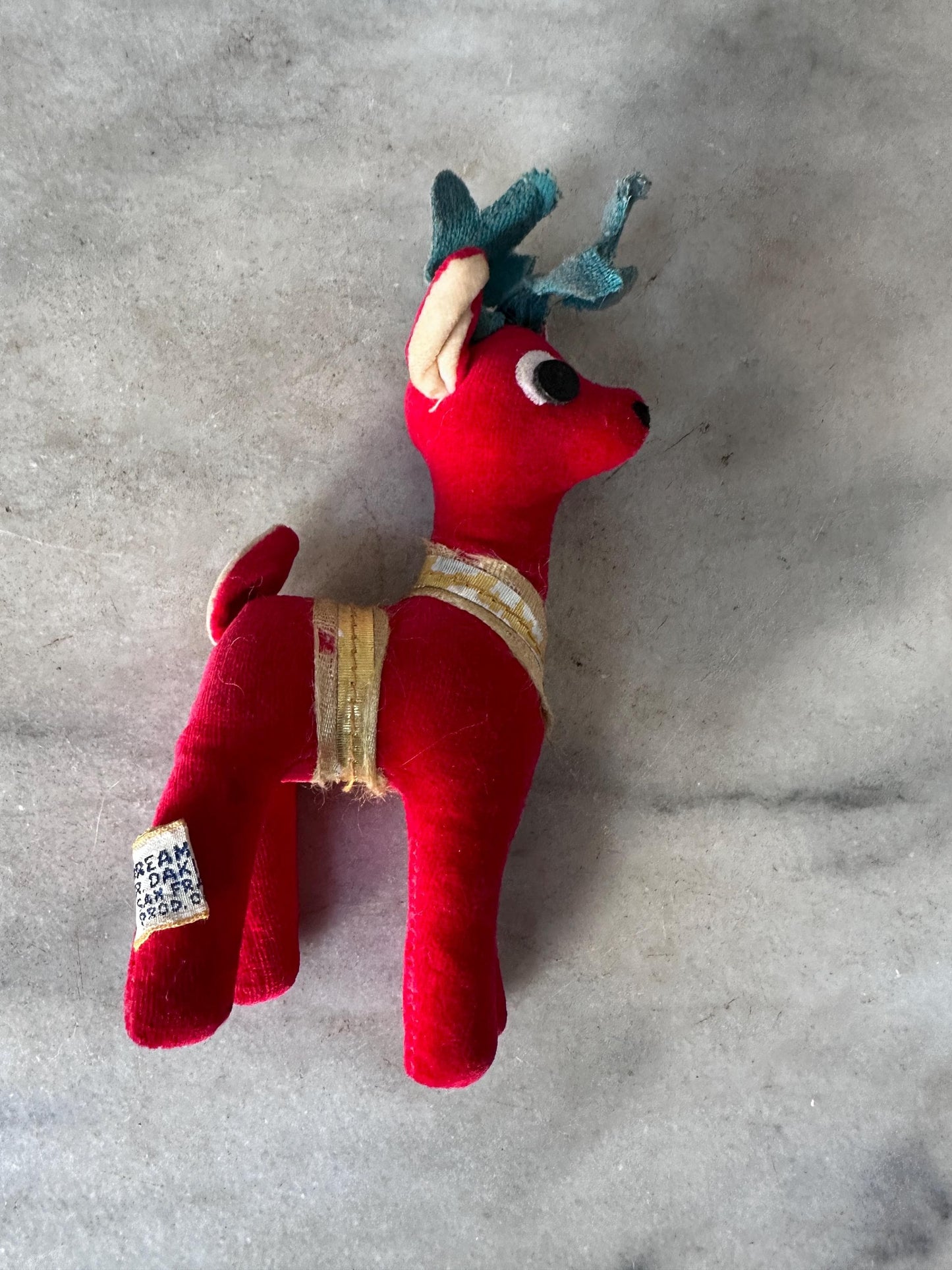 Vintage Dakin Dream Pets Red Velvet Reindeer | Made in Japan | 1960s Christmas Plush Figure | Green Antlers, Ribbon Trim | 6” tall