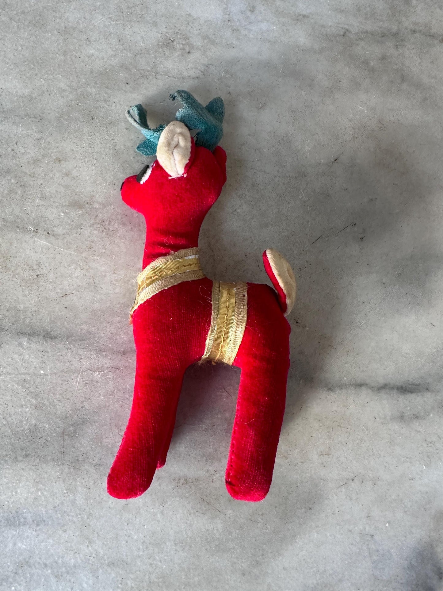 Vintage Dakin Dream Pets Red Velvet Reindeer | Made in Japan | 1960s Christmas Plush Figure | Green Antlers, Ribbon Trim | 6” tall