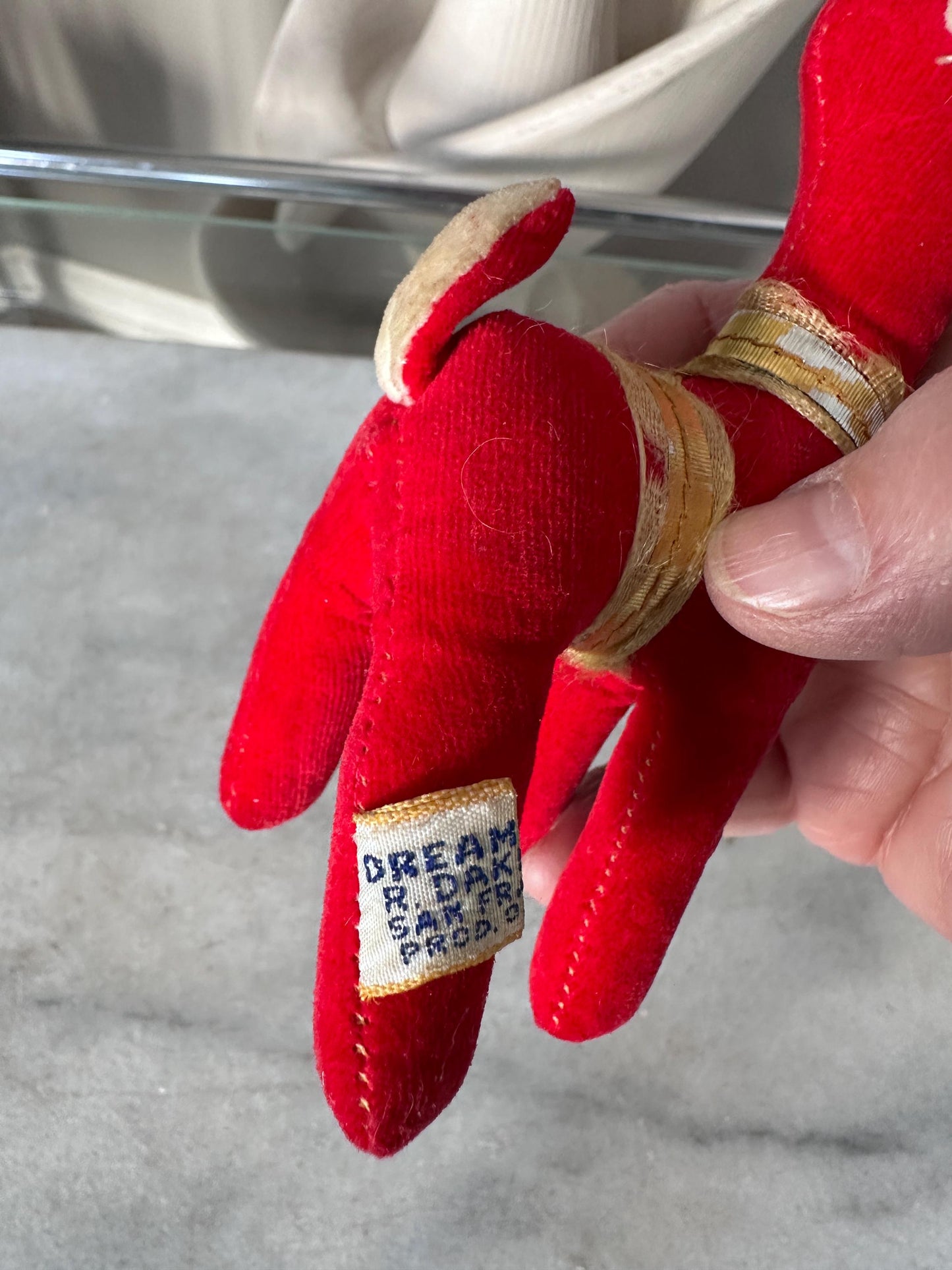 Vintage Dakin Dream Pets Red Velvet Reindeer | Made in Japan | 1960s Christmas Plush Figure | Green Antlers, Ribbon Trim | 6” tall
