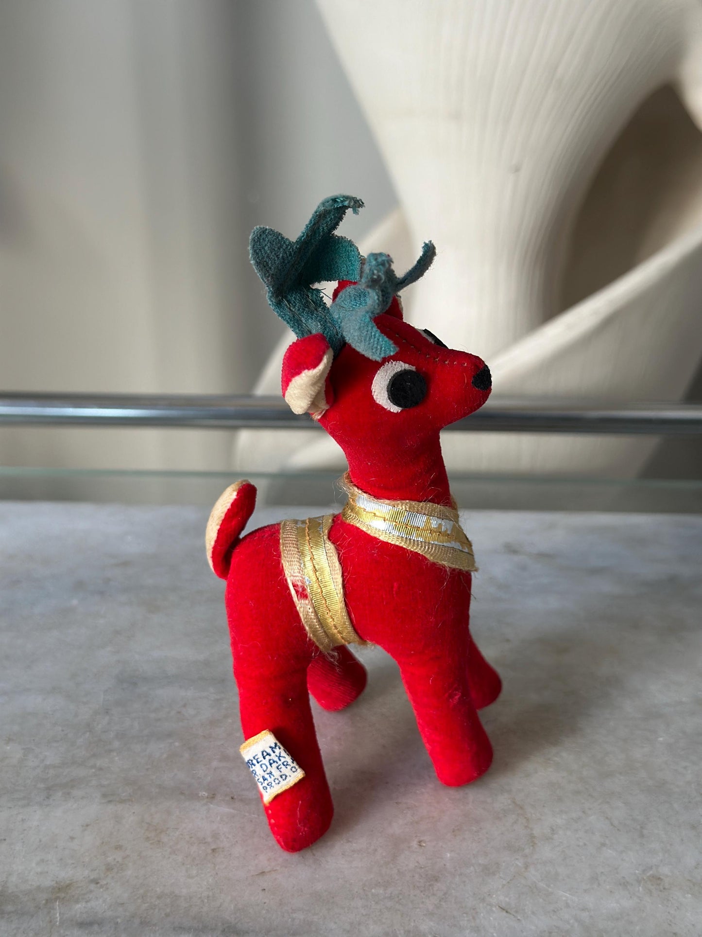 Vintage Dakin Dream Pets Red Velvet Reindeer | Made in Japan | 1960s Christmas Plush Figure | Green Antlers, Ribbon Trim | 6” tall