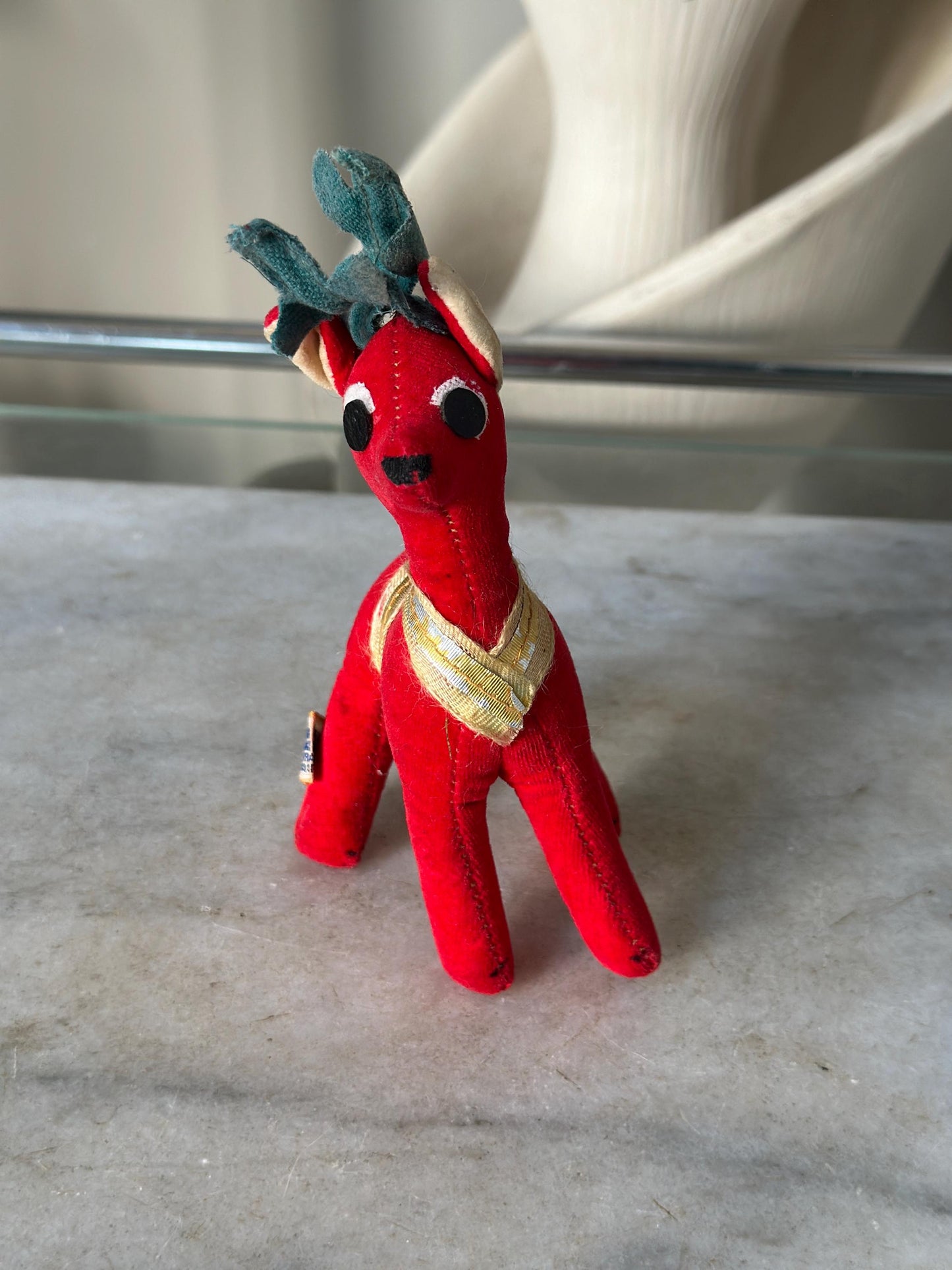Vintage Dakin Dream Pets Red Velvet Reindeer | Made in Japan | 1960s Christmas Plush Figure | Green Antlers, Ribbon Trim | 6” tall