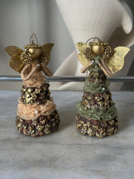 Vintage Set of 2 Pinecone Angel Ornaments | Handmade Gold Angel Christmas Decorations | Philippines Folk Art Holiday Ornaments | Rustic Wood