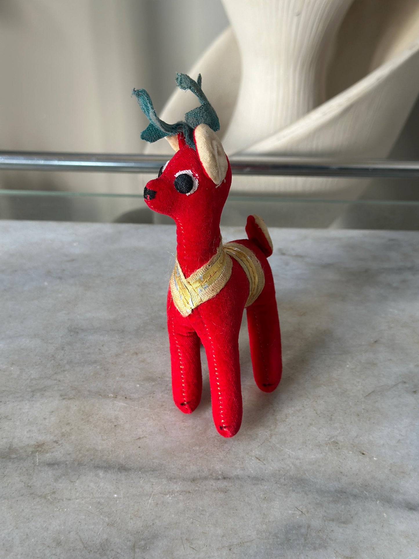 Vintage Dakin Dream Pets Red Velvet Reindeer | Made in Japan | 1960s Christmas Plush Figure | Green Antlers, Ribbon Trim | 6” tall