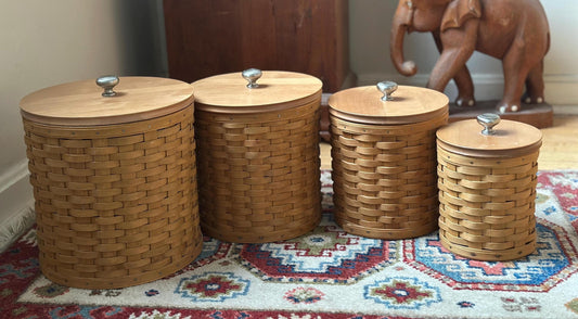 Vintage 2003 Longaberger 16-Piece Canister Basket Set with Wooden Lids +  Protectors | Signed & Dated | Original Pamphlets Included