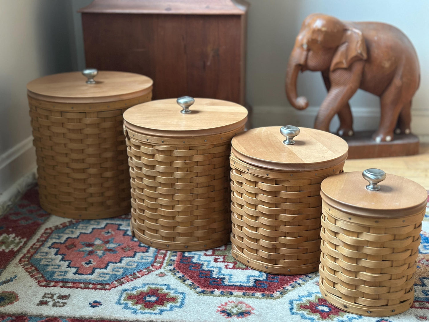 Vintage 2003 Longaberger 16-Piece Canister Basket Set with Wooden Lids +  Protectors | Signed & Dated | Original Pamphlets Included