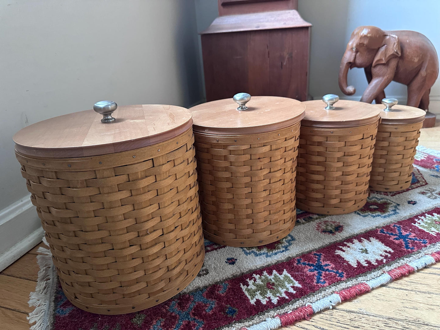 Vintage 2003 Longaberger 16-Piece Canister Basket Set with Wooden Lids +  Protectors | Signed & Dated | Original Pamphlets Included