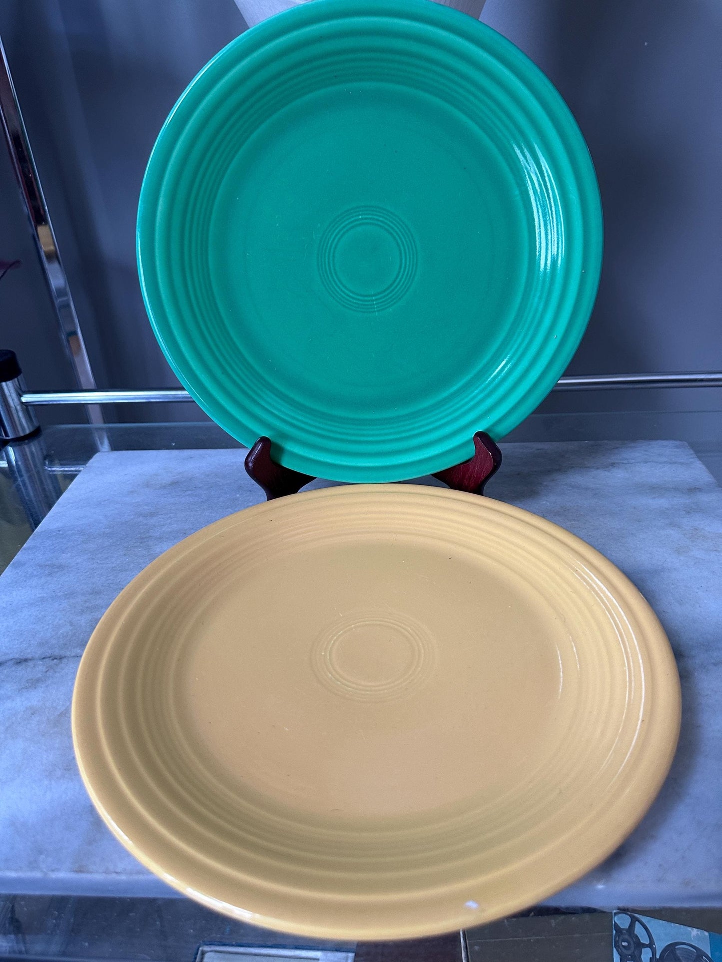 Vintage Fiesta Luncheon Plates Set of 2 | Green &  Yellow | 9.5” Plates | Genuine Vintage Fiesta | 1936–1969 Backstamp