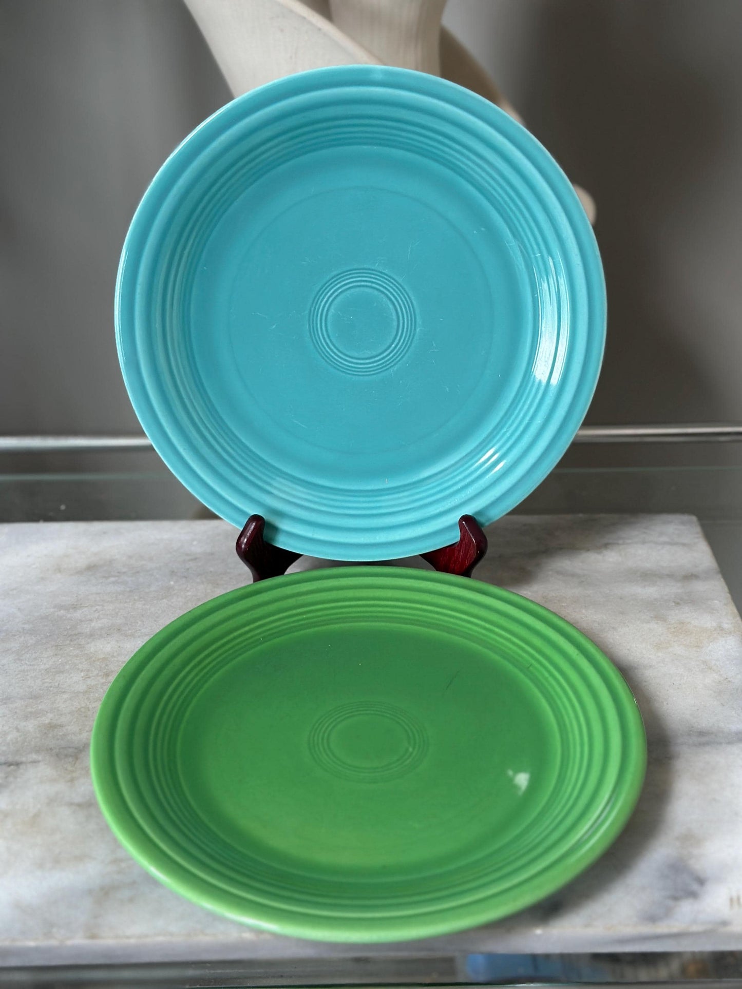 Vintage Fiesta Luncheon Plates Set of 2 | Green & Turquoise Fiestaware | 9.5” Plates | Genuine Vintage Fiesta | 1936–1969 Backstamp
