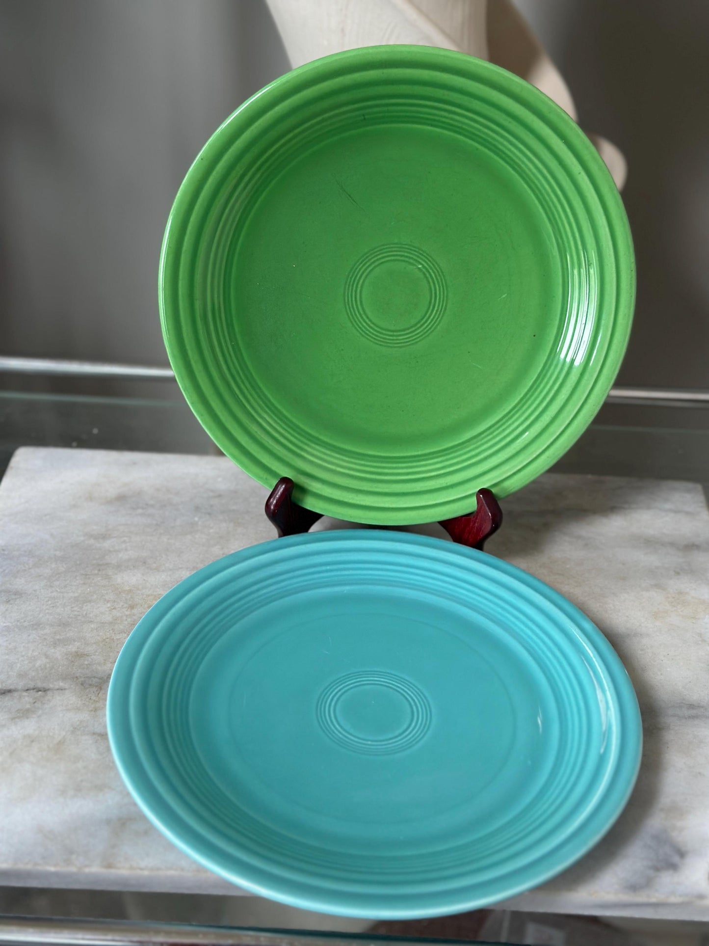 Vintage Fiesta Luncheon Plates Set of 2 | Green & Turquoise Fiestaware | 9.5” Plates | Genuine Vintage Fiesta | 1936–1969 Backstamp
