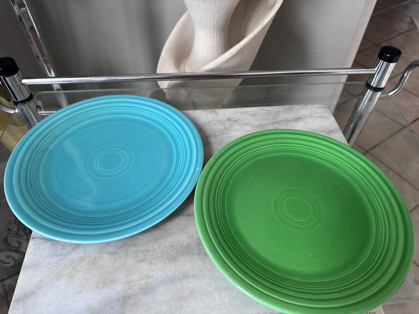 Vintage Fiesta Luncheon Plates Set of 2 | Green & Turquoise Fiestaware | 9.5” Plates | Genuine Vintage Fiesta | 1936–1969 Backstamp