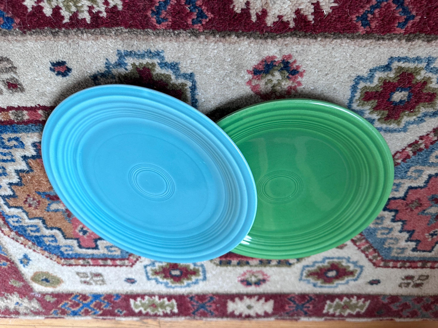 Vintage Fiesta Luncheon Plates Set of 2 | Green & Turquoise Fiestaware | 9.5” Plates | Genuine Vintage Fiesta | 1936–1969 Backstamp