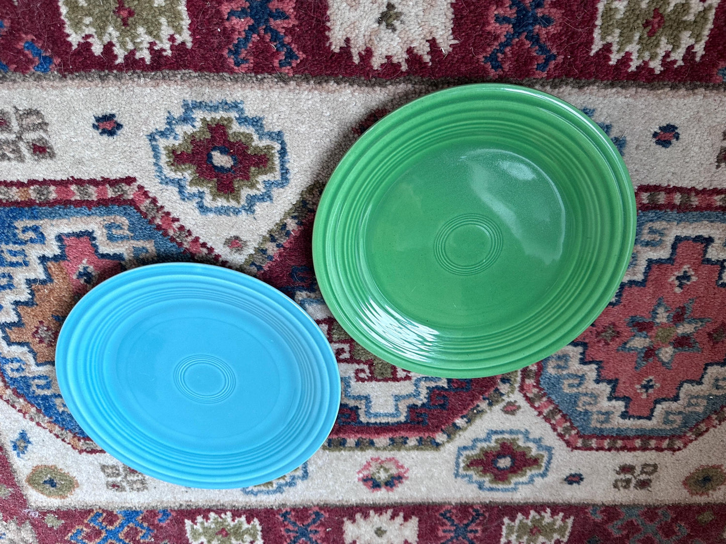 Vintage Fiesta Luncheon Plates Set of 2 | Green & Turquoise Fiestaware | 9.5” Plates | Genuine Vintage Fiesta | 1936–1969 Backstamp