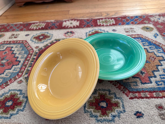 Vintage Fiesta Round Rimmed Soup Deep Plates – Yellow and Green  (Set of 2) | Genuine Vintage Fiestaware | 1936–1969 Backstamp