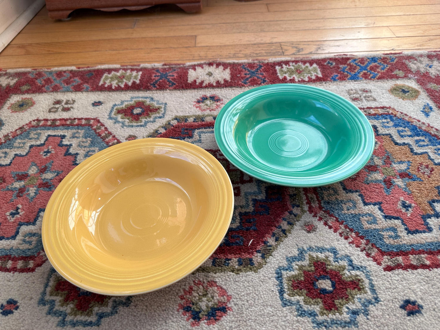 Vintage Fiesta Round Rimmed Soup Deep Plates – Yellow and Green  (Set of 2) | Genuine Vintage Fiestaware | 1936–1969 Backstamp