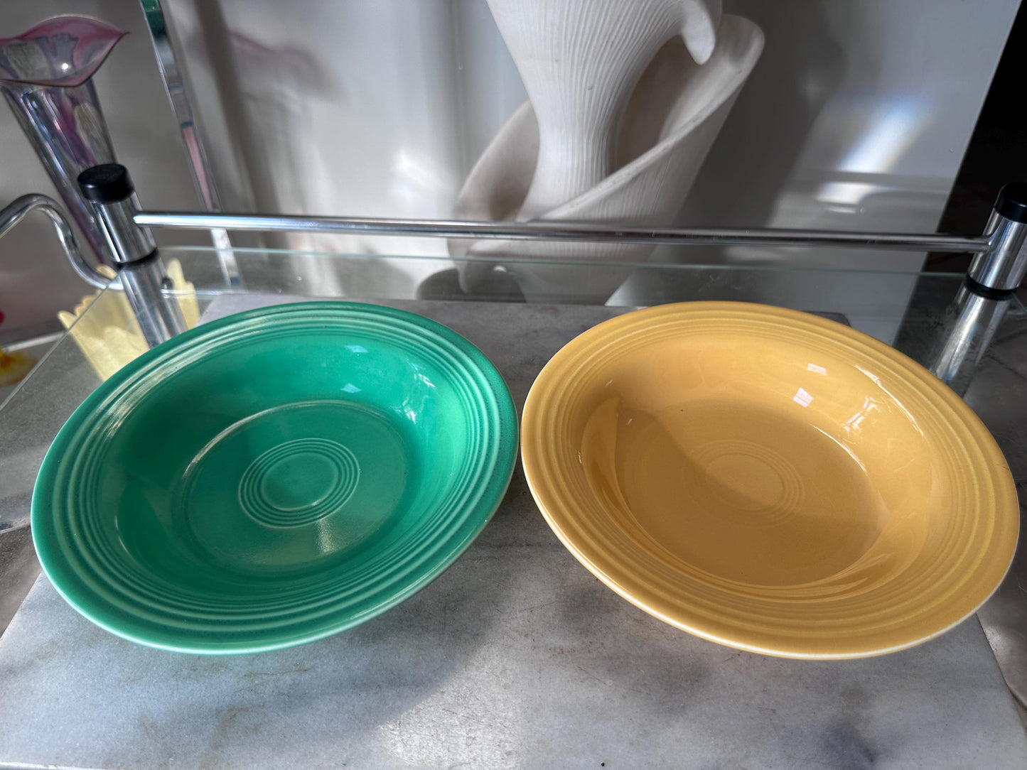 Vintage Fiesta Round Rimmed Soup Deep Plates – Yellow and Green  (Set of 2) | Genuine Vintage Fiestaware | 1936–1969 Backstamp