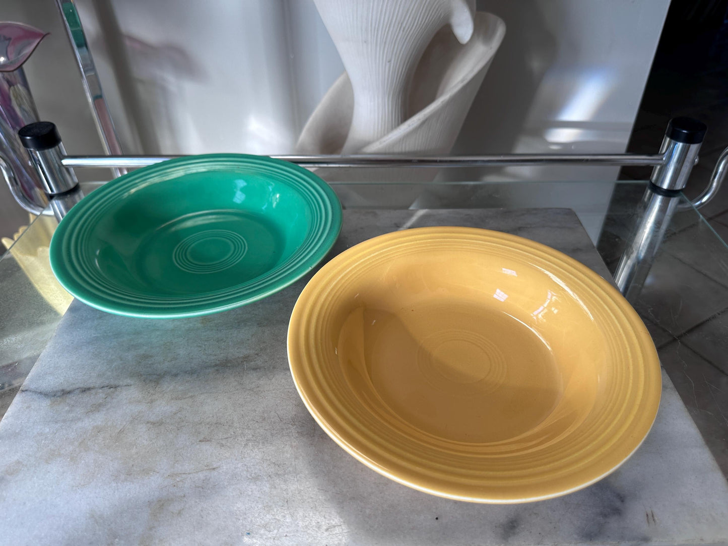 Vintage Fiesta Round Rimmed Soup Deep Plates – Yellow and Green  (Set of 2) | Genuine Vintage Fiestaware | 1936–1969 Backstamp