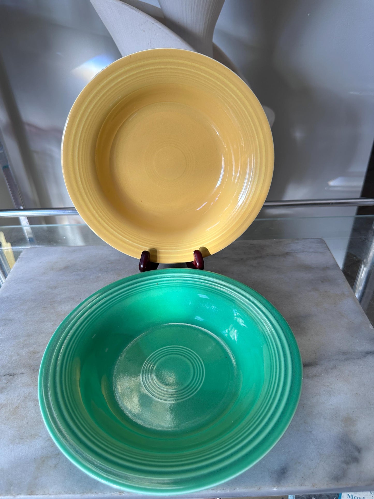 Vintage Fiesta Round Rimmed Soup Deep Plates – Yellow and Green  (Set of 2) | Genuine Vintage Fiestaware | 1936–1969 Backstamp
