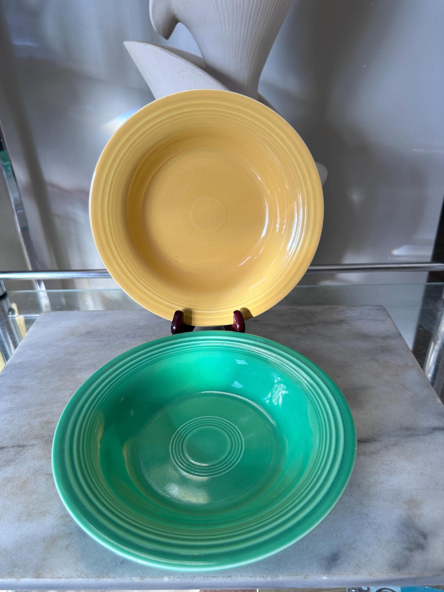 Vintage Fiesta Round Rimmed Soup Deep Plates – Yellow and Green  (Set of 2) | Genuine Vintage Fiestaware | 1936–1969 Backstamp