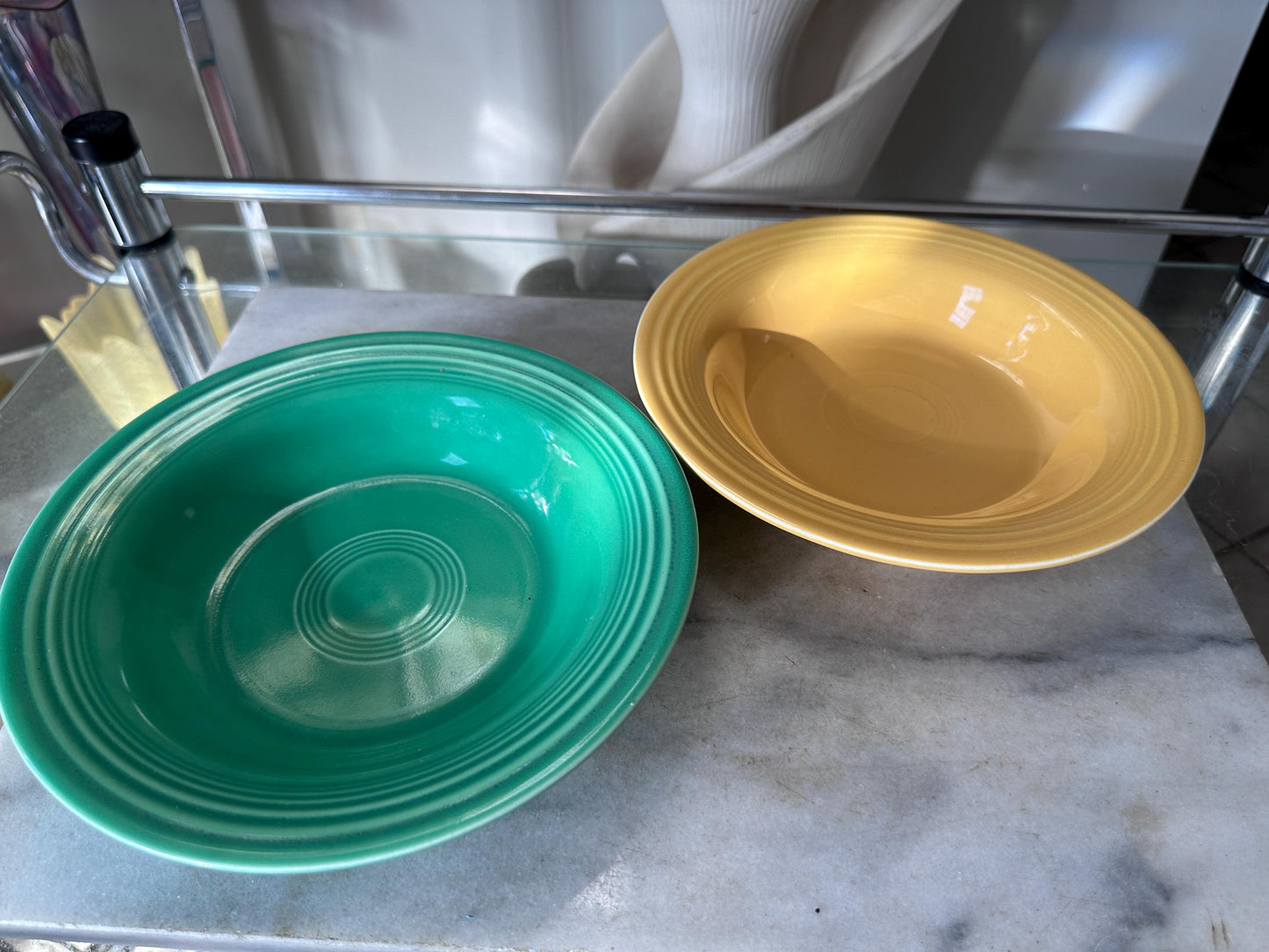 Vintage Fiesta Round Rimmed Soup Deep Plates – Yellow and Green  (Set of 2) | Genuine Vintage Fiestaware | 1936–1969 Backstamp