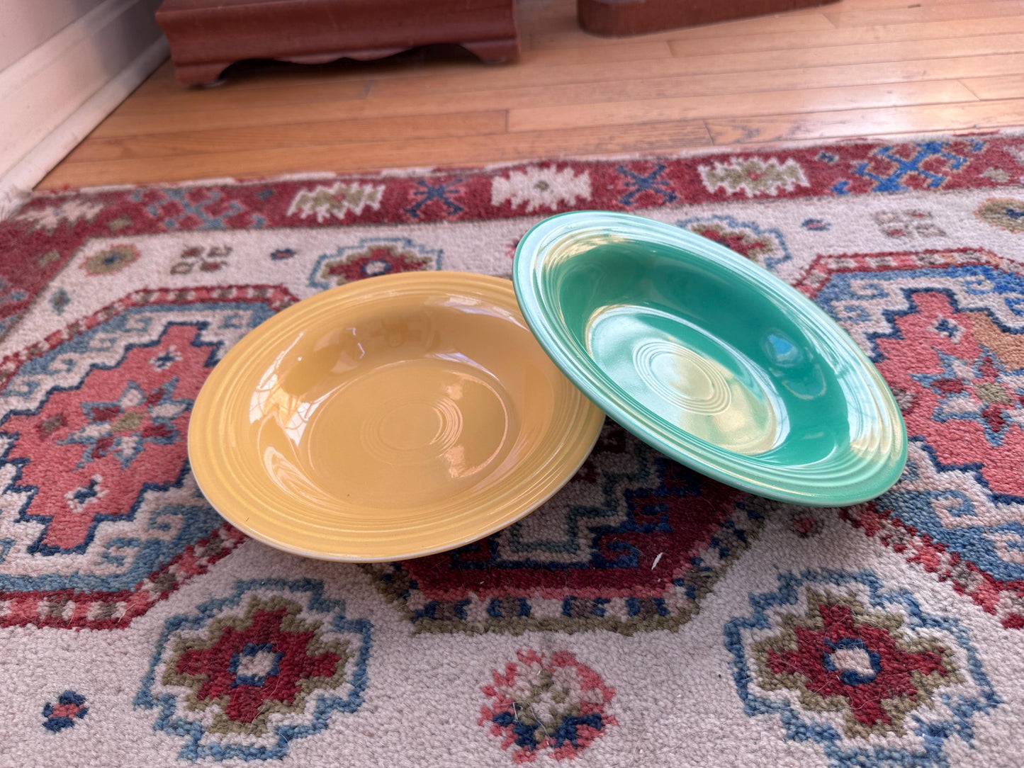 Vintage Fiesta Round Rimmed Soup Deep Plates – Yellow and Green  (Set of 2) | Genuine Vintage Fiestaware | 1936–1969 Backstamp