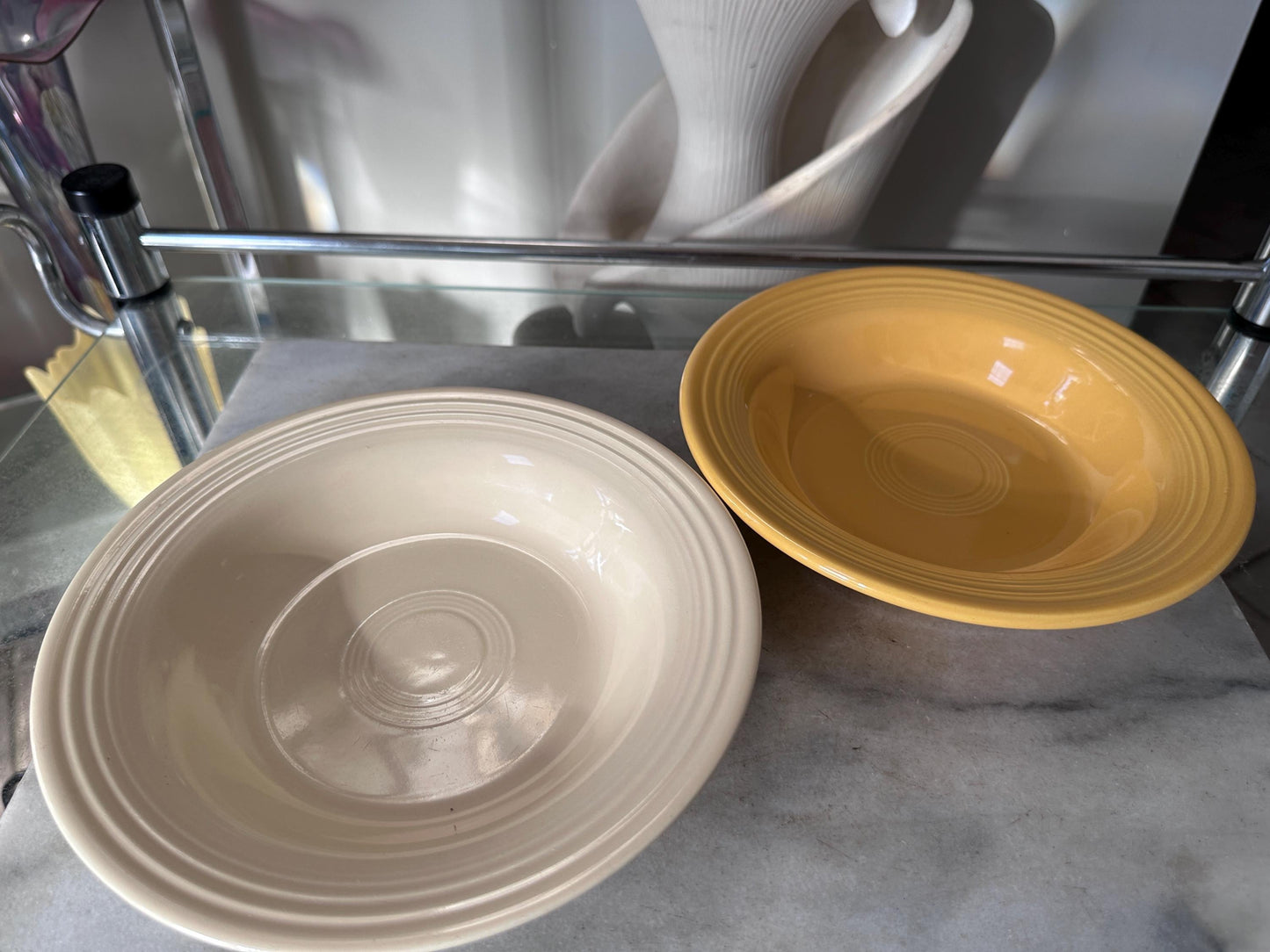 Vintage Fiesta Round Rimmed Soup Deep Plates – Yellow and Ivory/White  (Set of 2) | Genuine Vintage Fiestaware | 1936–1969 Backstamp