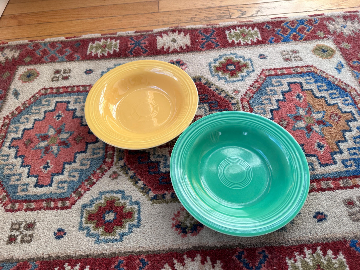 Vintage Fiesta Round Rimmed Soup Deep Plates – Yellow and Green  (Set of 2) | Genuine Vintage Fiestaware | 1936–1969 Backstamp